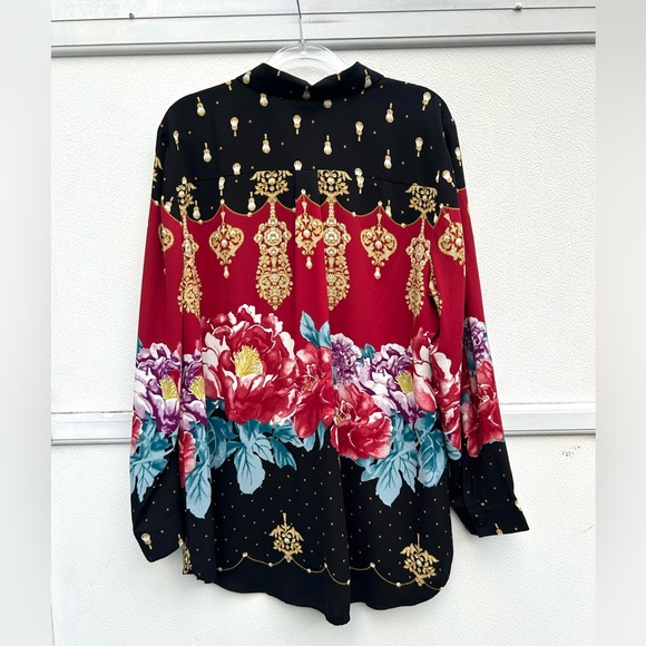 Chicos Blouse Top Reversible Floral Polka Dot  Button Up Long Sleeve Oriental - Picture 11 of 12